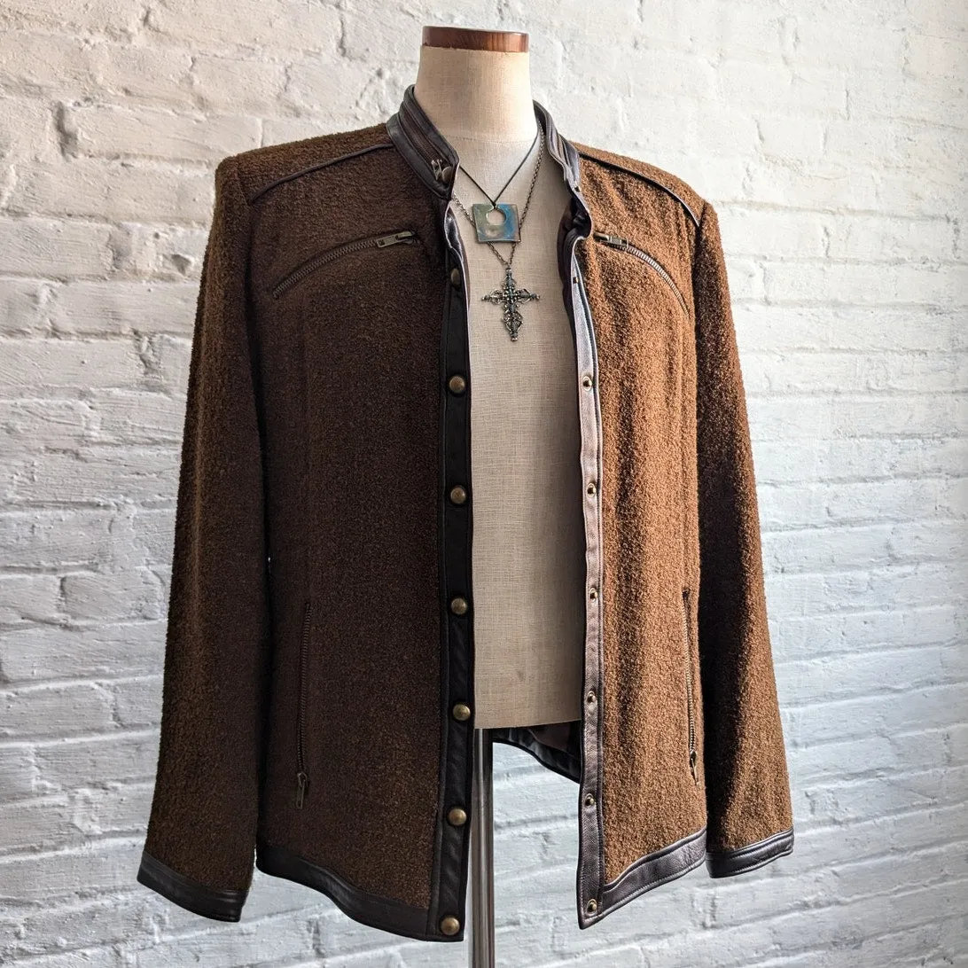 90s Vintage Brown Wool Leather Jacket Boucle Knit Steampunk Utility Coat Blazer