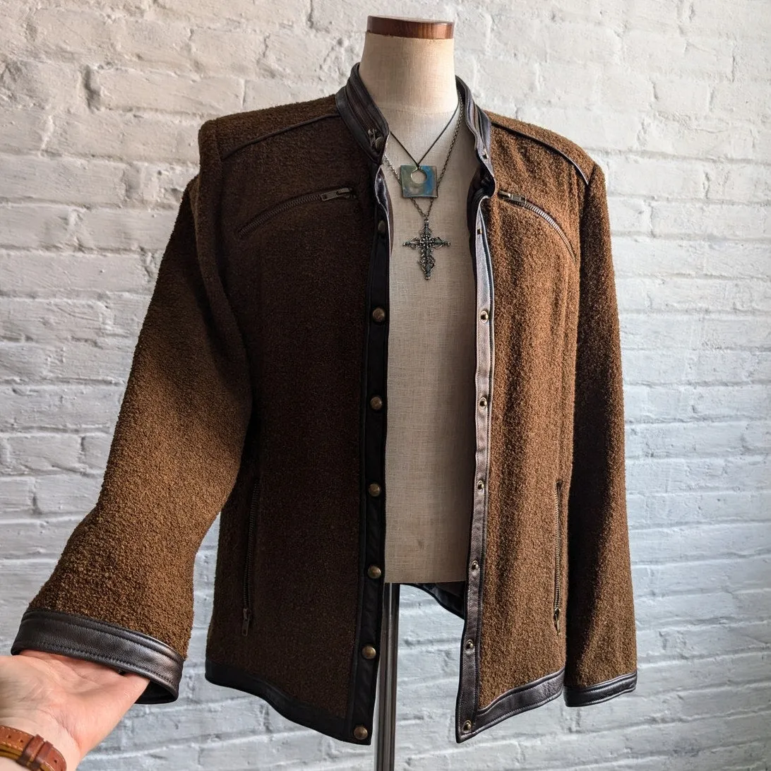 90s Vintage Brown Wool Leather Jacket Boucle Knit Steampunk Utility Coat Blazer