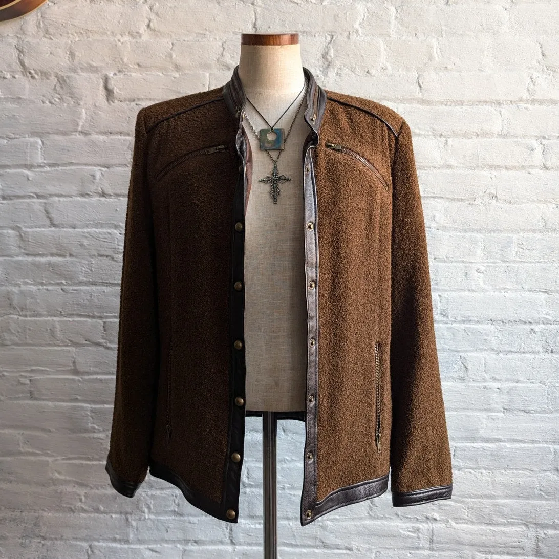 90s Vintage Brown Wool Leather Jacket Boucle Knit Steampunk Utility Coat Blazer