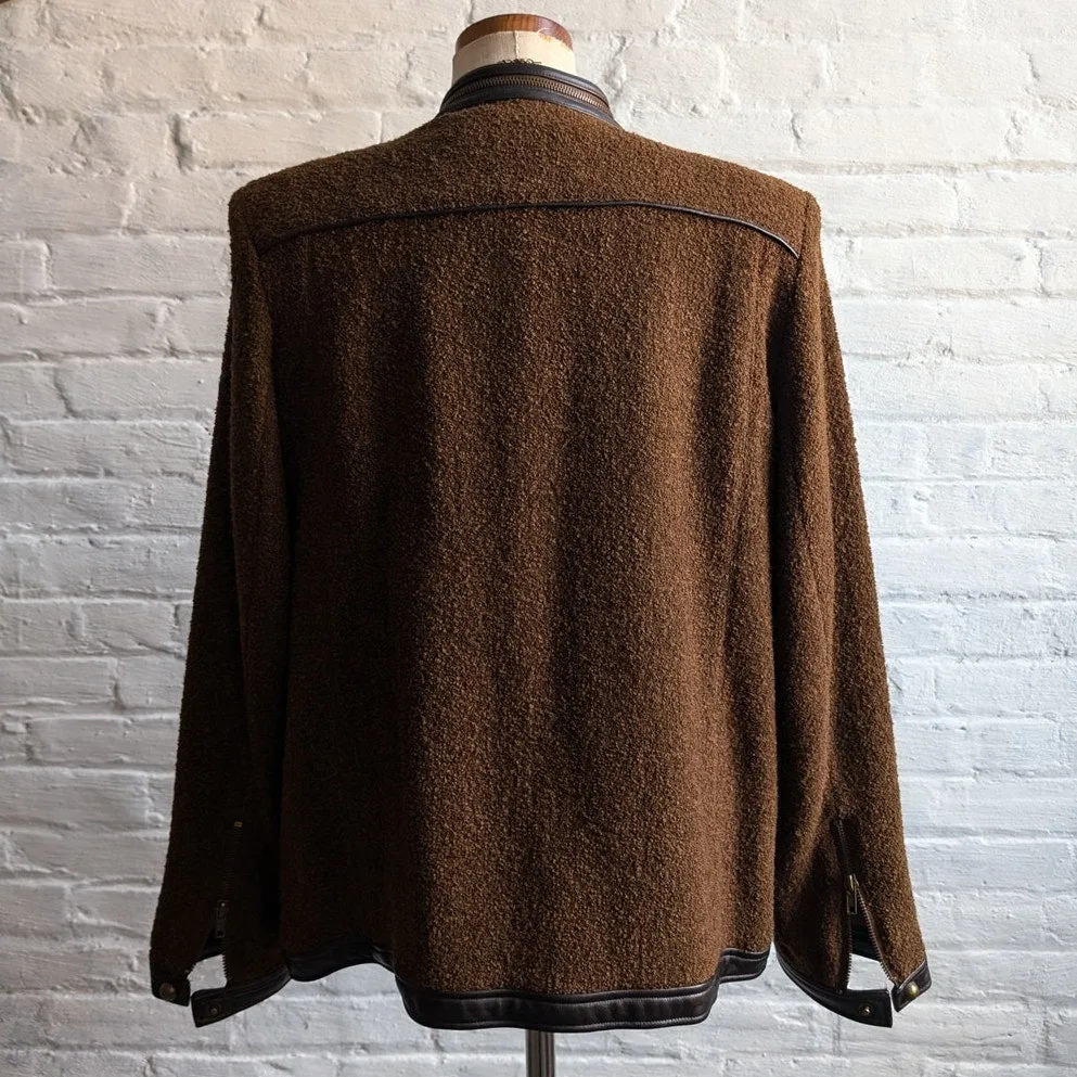 90s Vintage Brown Wool Leather Jacket Boucle Knit Steampunk Utility Coat Blazer