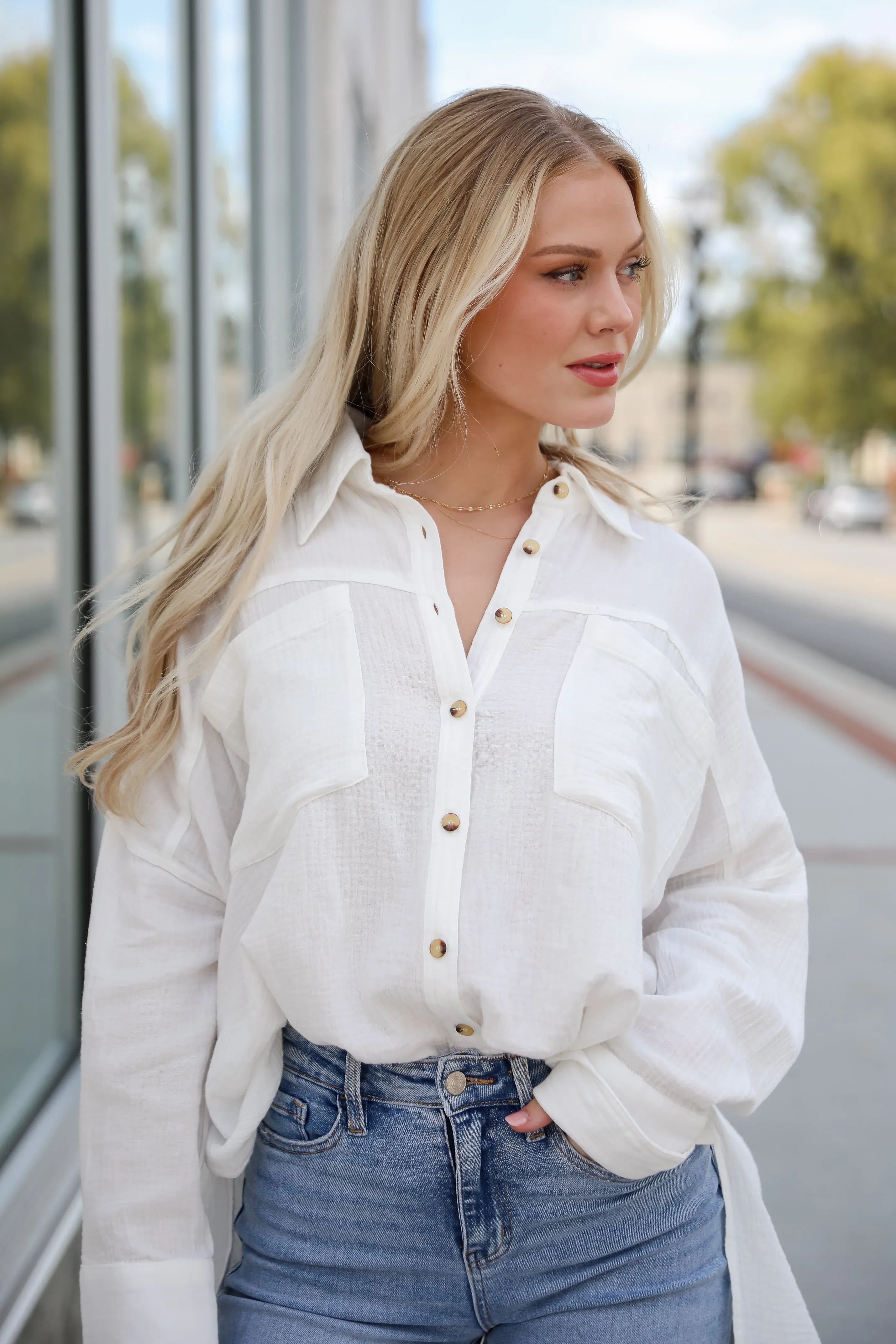 Adorable Attention White Linen Button-Up Blouse