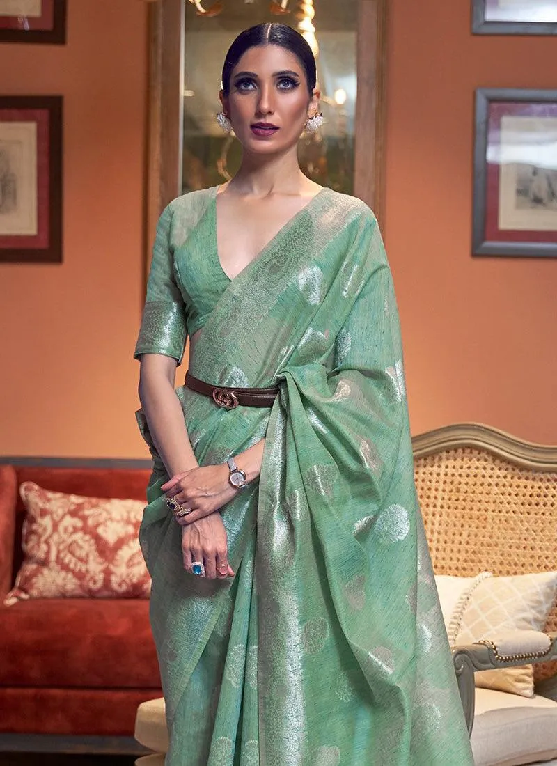 Alluring Green Color Silk Weave Saree With Half Sleeve Blouse