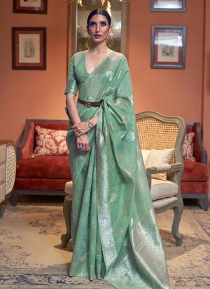 Alluring Green Color Silk Weave Saree With Half Sleeve Blouse