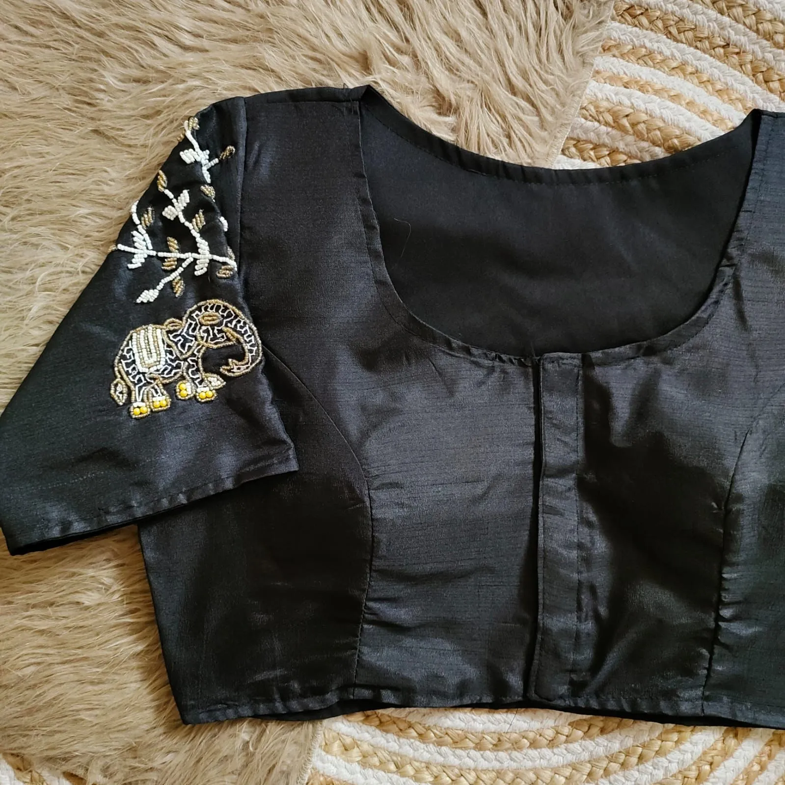 Black Handcrafted Blouse with Detailed Sleeves and Back in Haka Silk