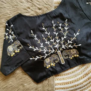 Black Handcrafted Blouse with Detailed Sleeves and Back in Haka Silk