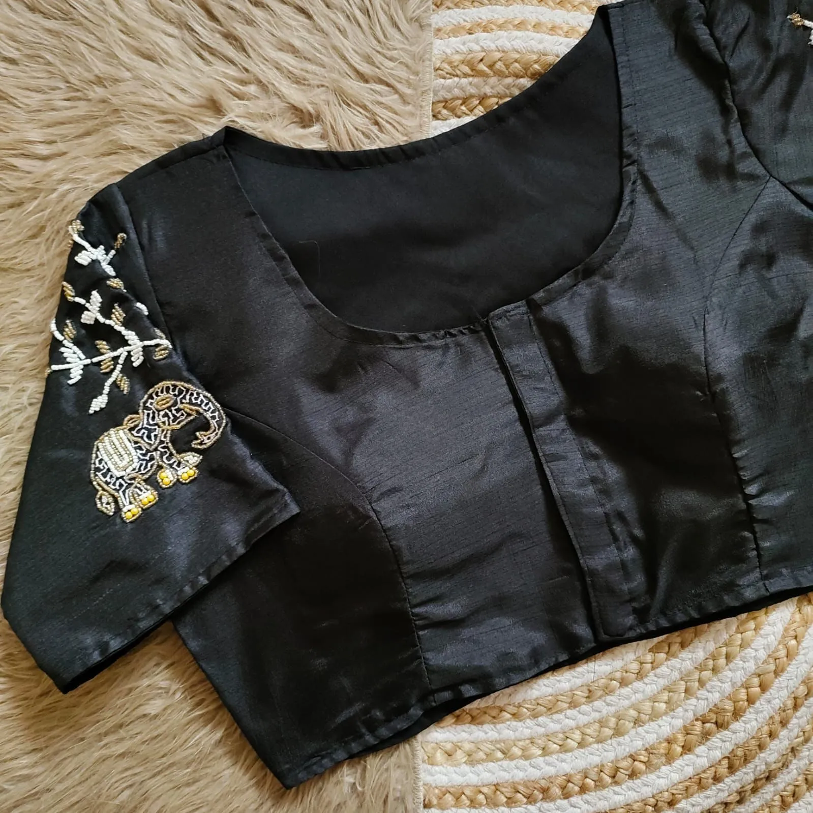 Black Handcrafted Blouse with Detailed Sleeves and Back in Haka Silk