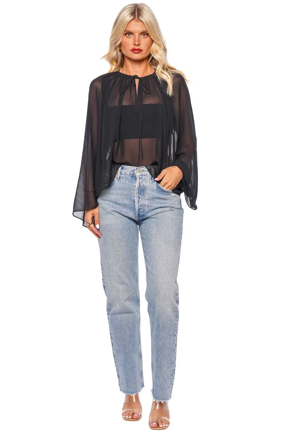 Black Sheer V Neck Shirred Blouse