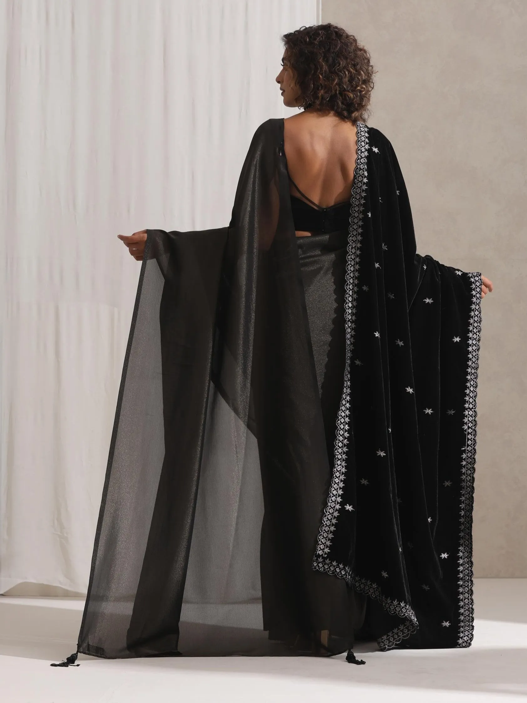 Black Velvet Shawl with Silver Embroidery