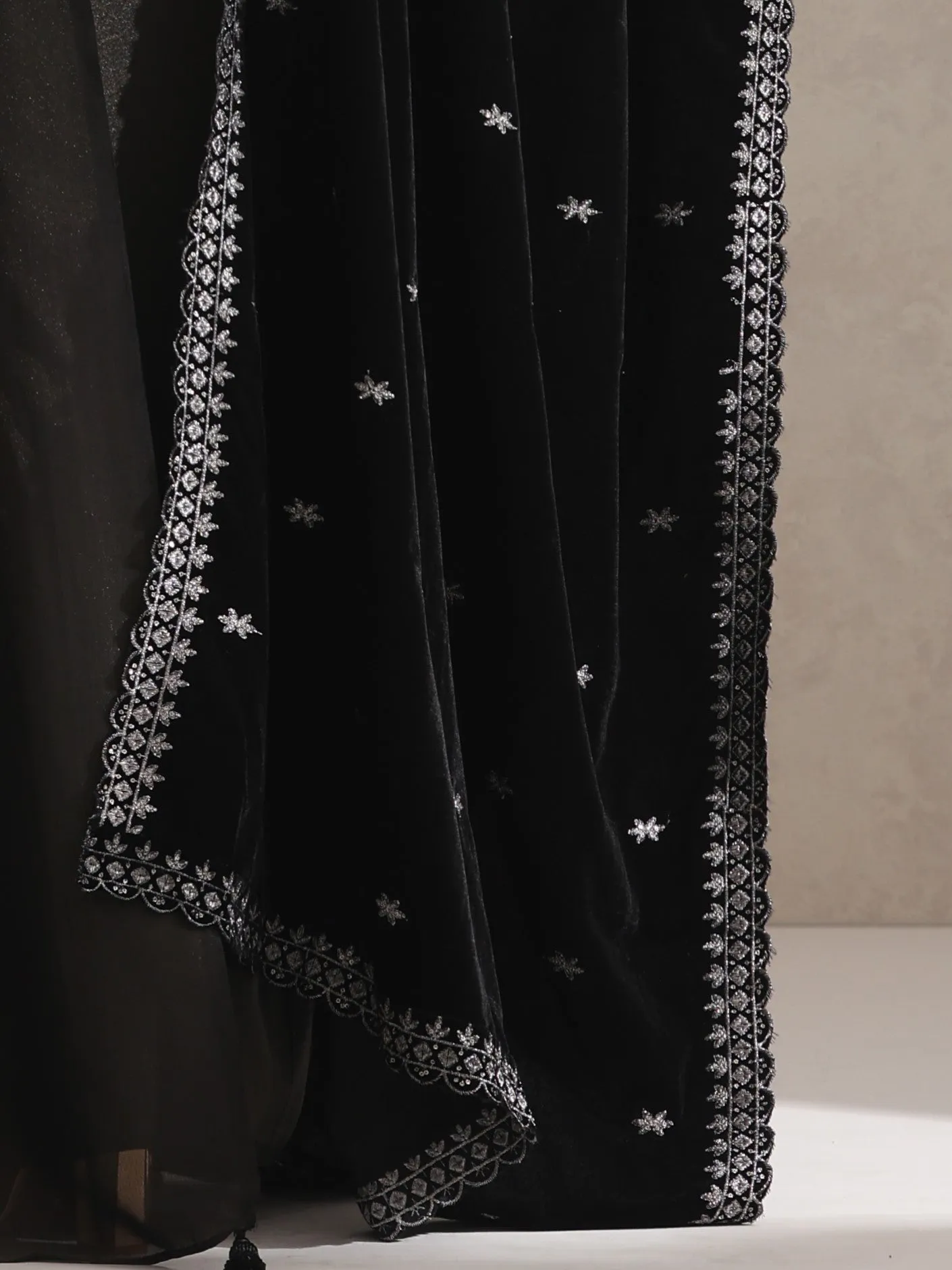 Black Velvet Shawl with Silver Embroidery