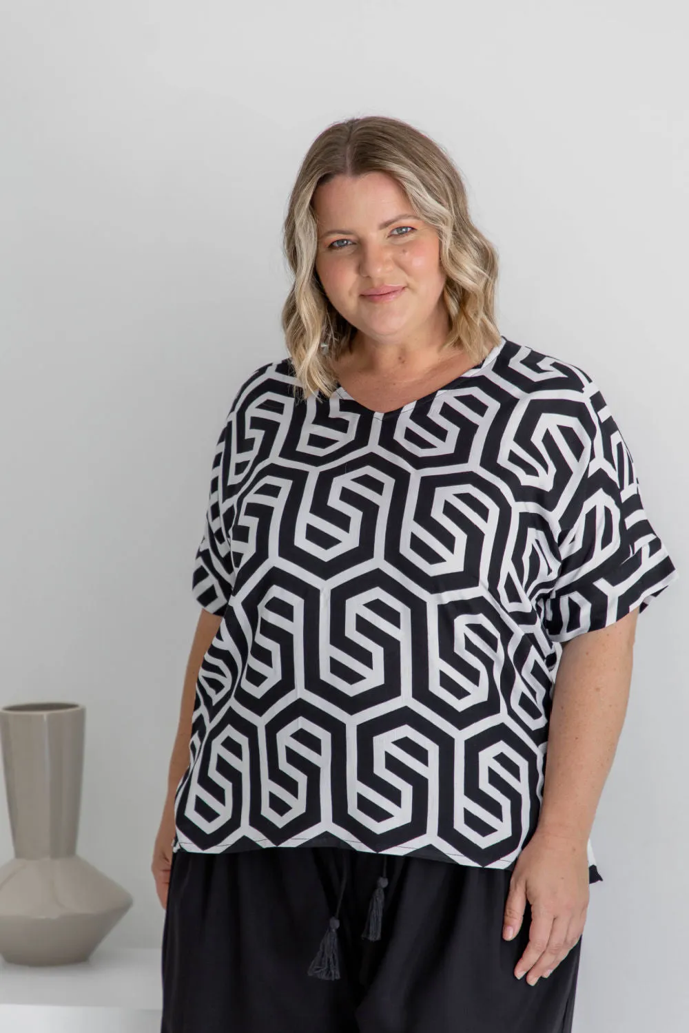 Blouse Top - Black & White Geo