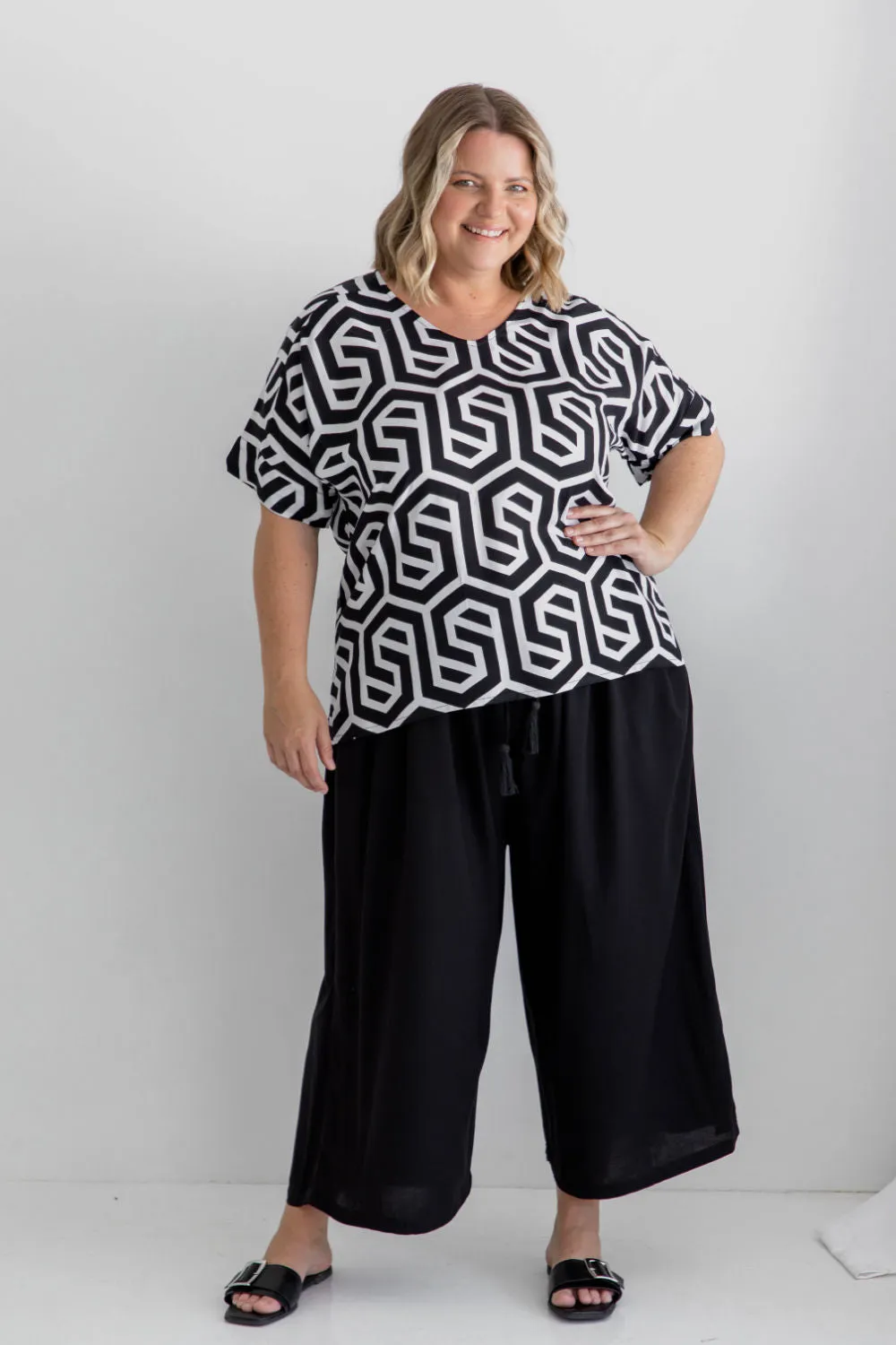 Blouse Top - Black & White Geo