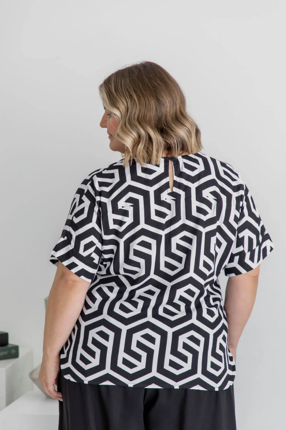 Blouse Top - Black & White Geo