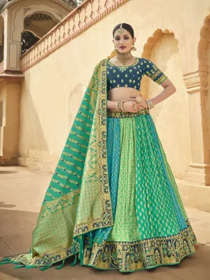 Blue and Green Silk Wedding Lehenga Choli