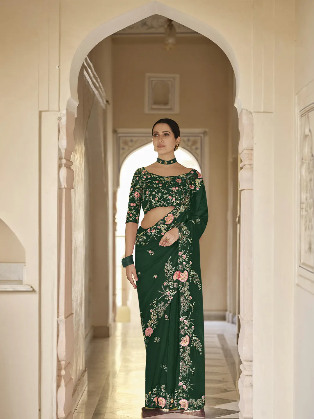 Bottle Green Elegant Organza Saree Paired With Heavily Embroidered Organza Blouse