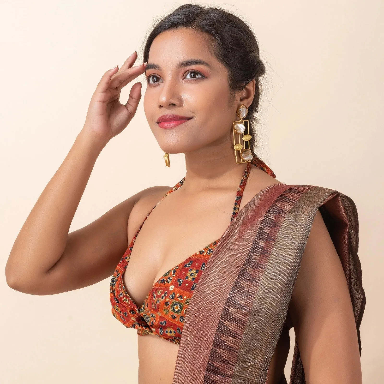 Brown Printed Cotton Backless Halter Neck Bikini Blouse - Non Padded