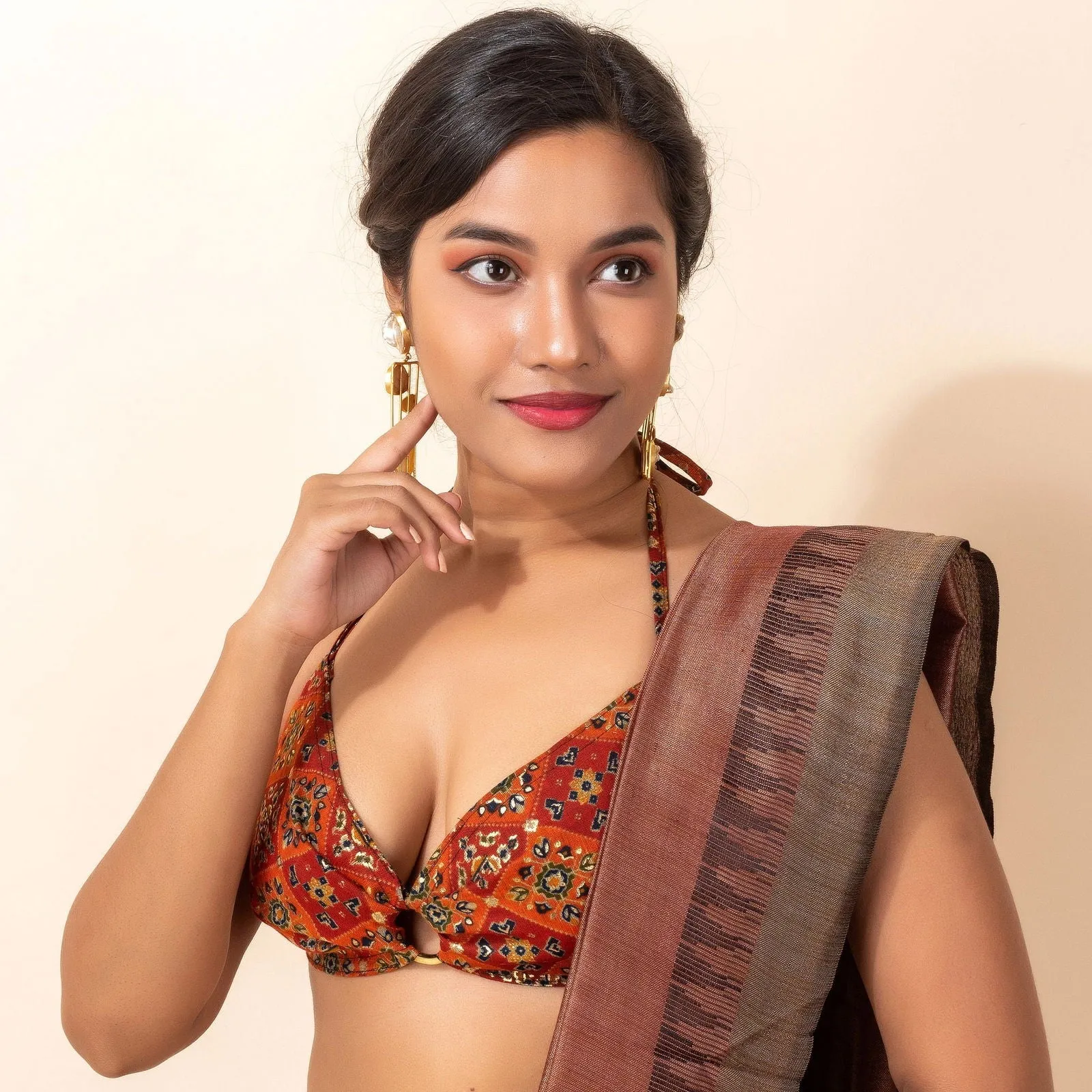 Brown Printed Cotton Backless Halter Neck Bikini Blouse - Non Padded