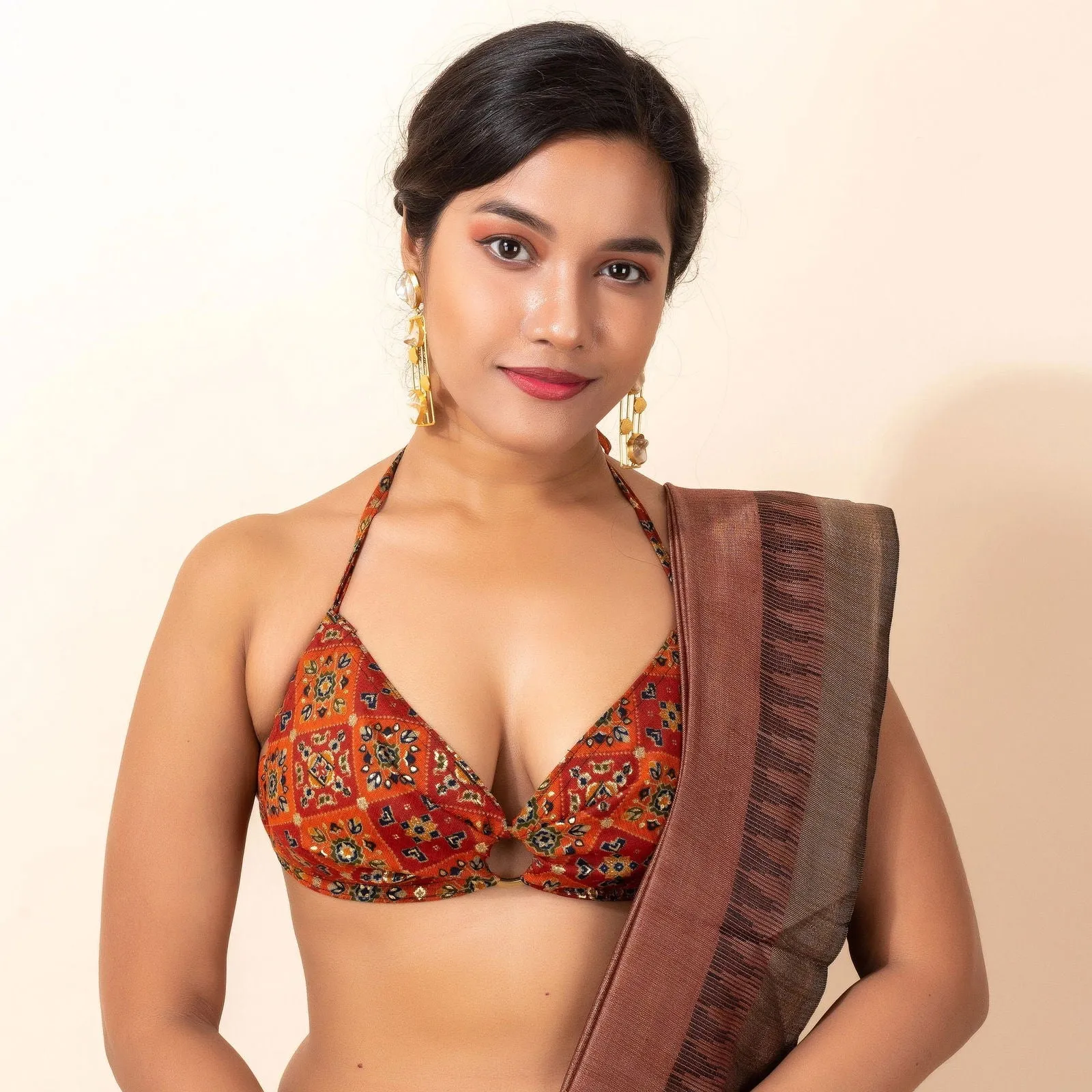 Brown Printed Cotton Backless Halter Neck Bikini Blouse - Non Padded