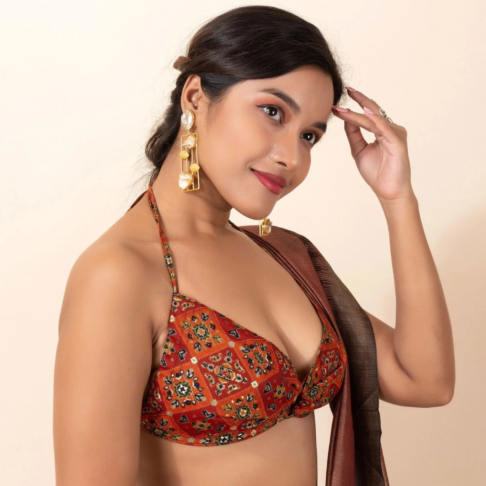 Brown Printed Cotton Backless Halter Neck Bikini Blouse - Non Padded