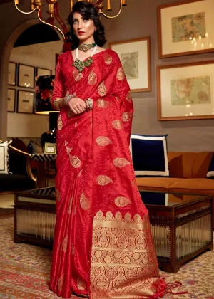 Cherry Red Pure Satin Woven Silk Saree with overall Golden Buti