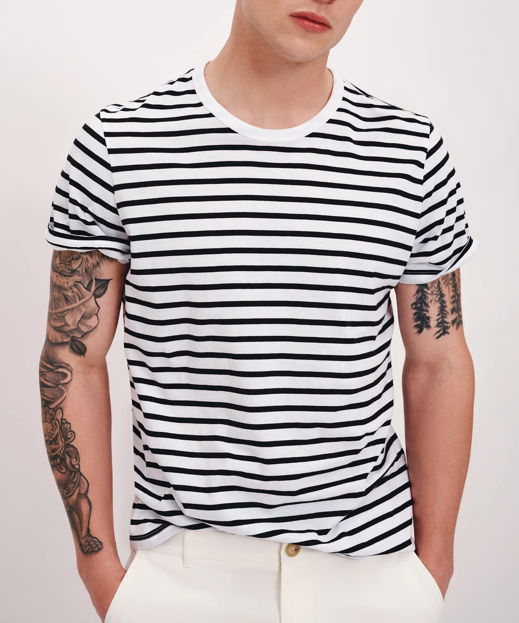 Classic Jersey Stripe Short Sleeve Crew Neck Tee - White-Black