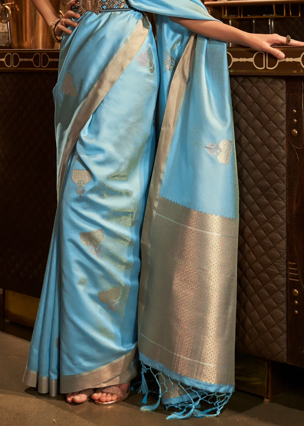 Cyan Blue Copper Zari Woven Designer Silk Saree