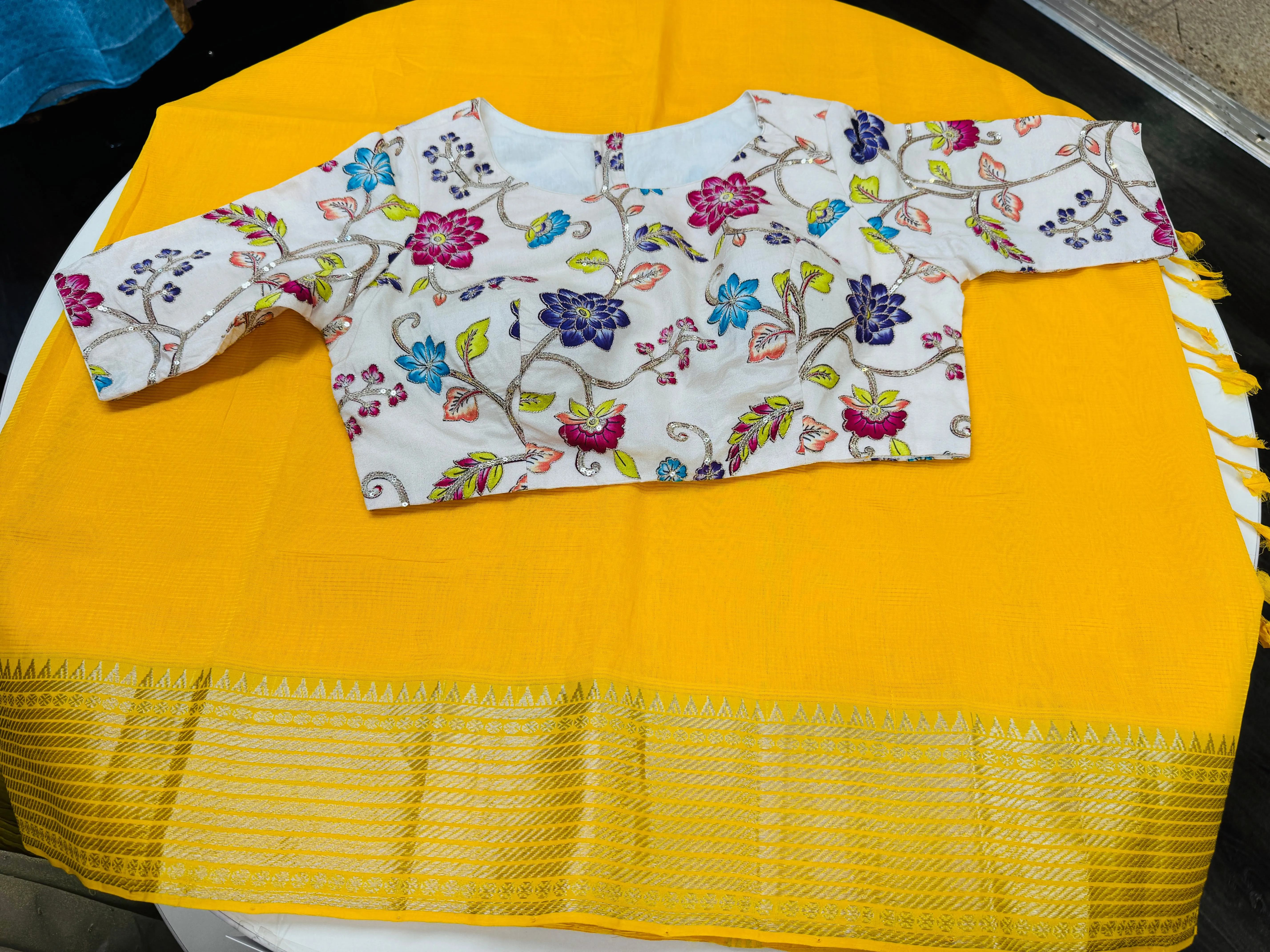 Daffodil yellow Mangalgiri saree with stitched blouse