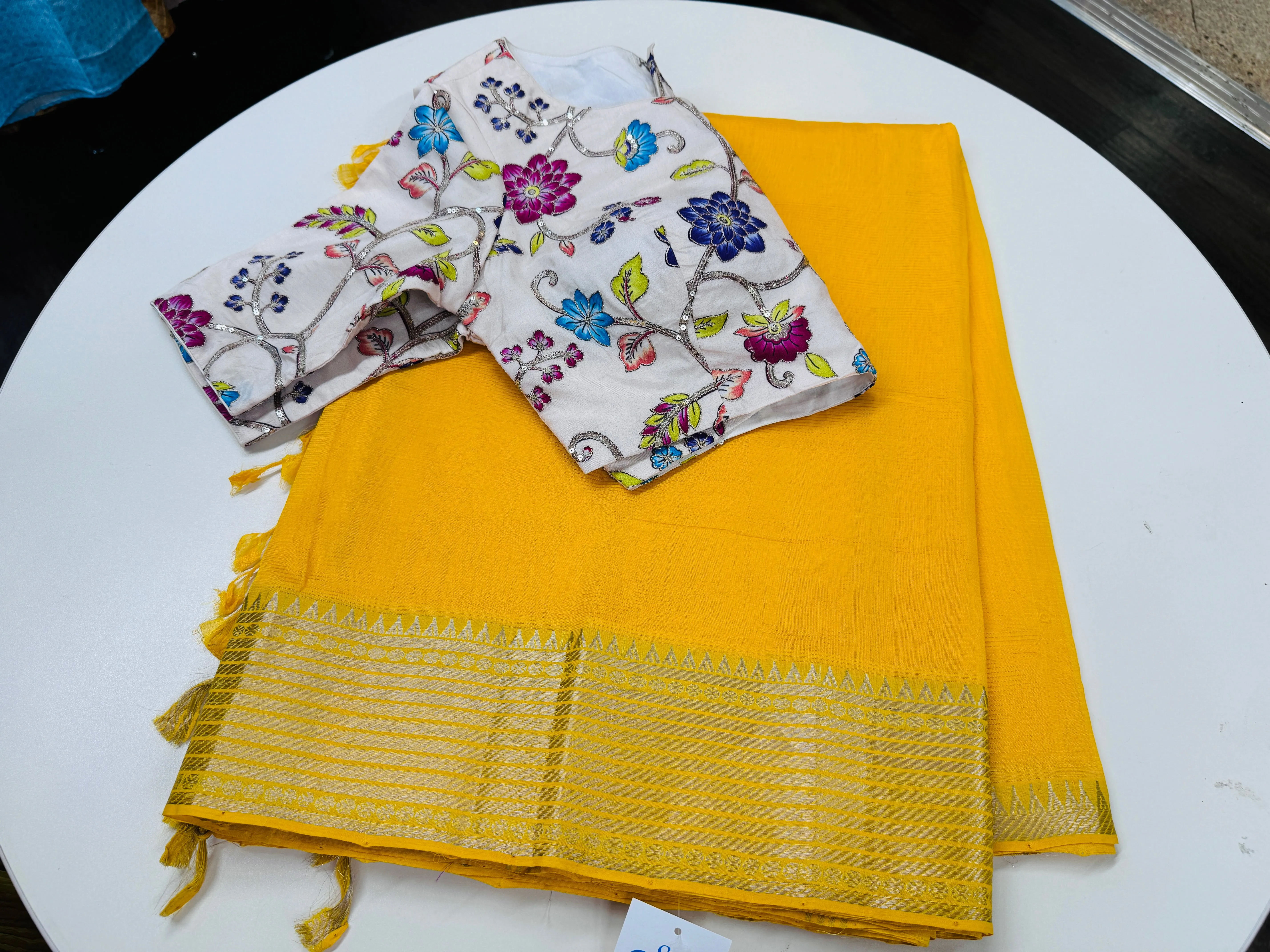 Daffodil yellow Mangalgiri saree with stitched blouse