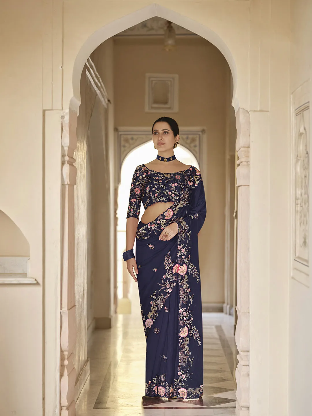 Dark Blue Classy Organza Saree & Blouse Embellished With Floral Embroidery