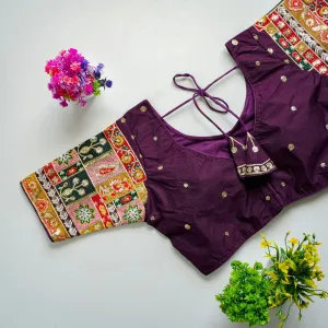 Dark Purple Golden Embroidered Seoul Silk Blouse with Sequins