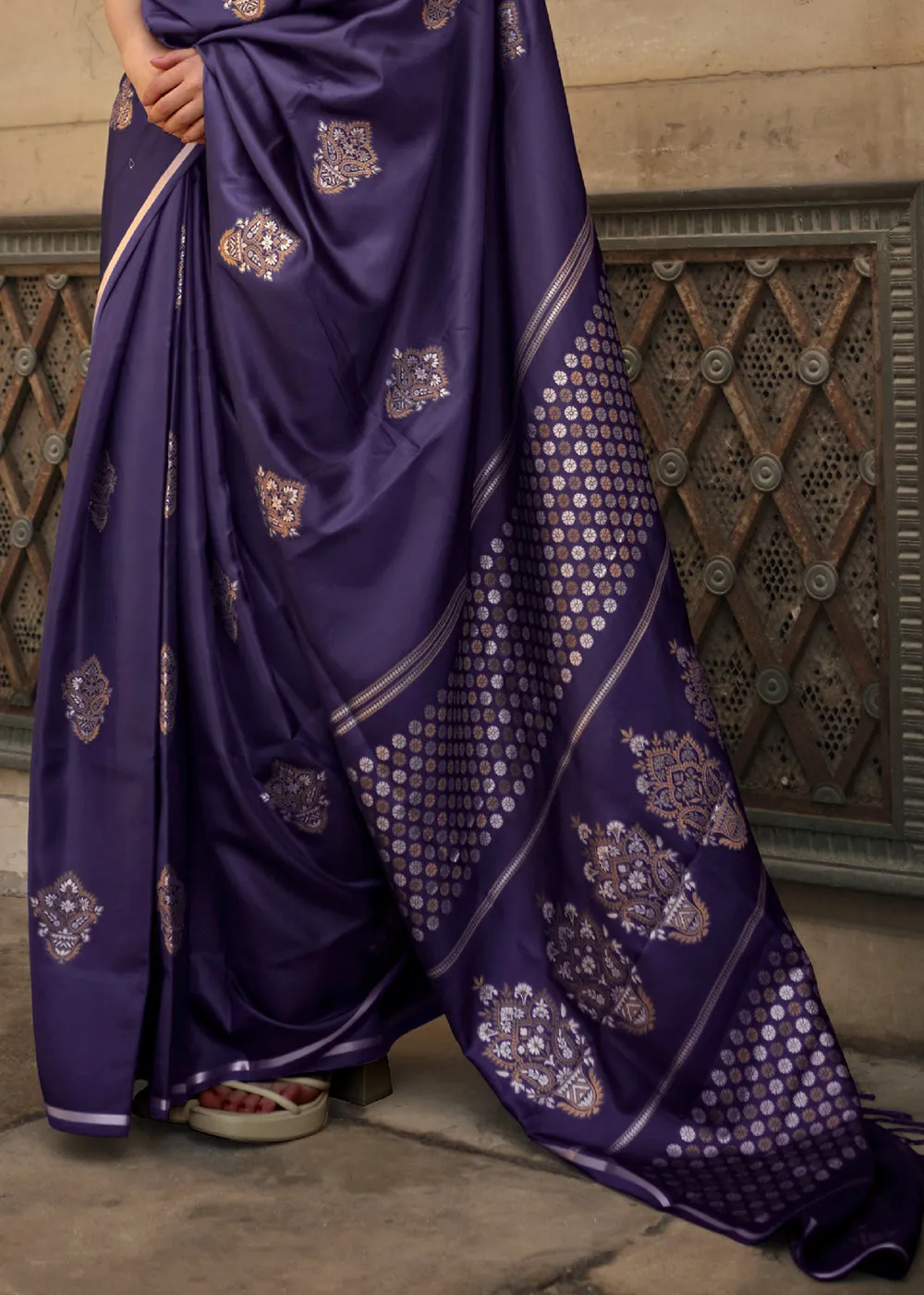 Denim Blue Handloom Woven Satin Silk Saree