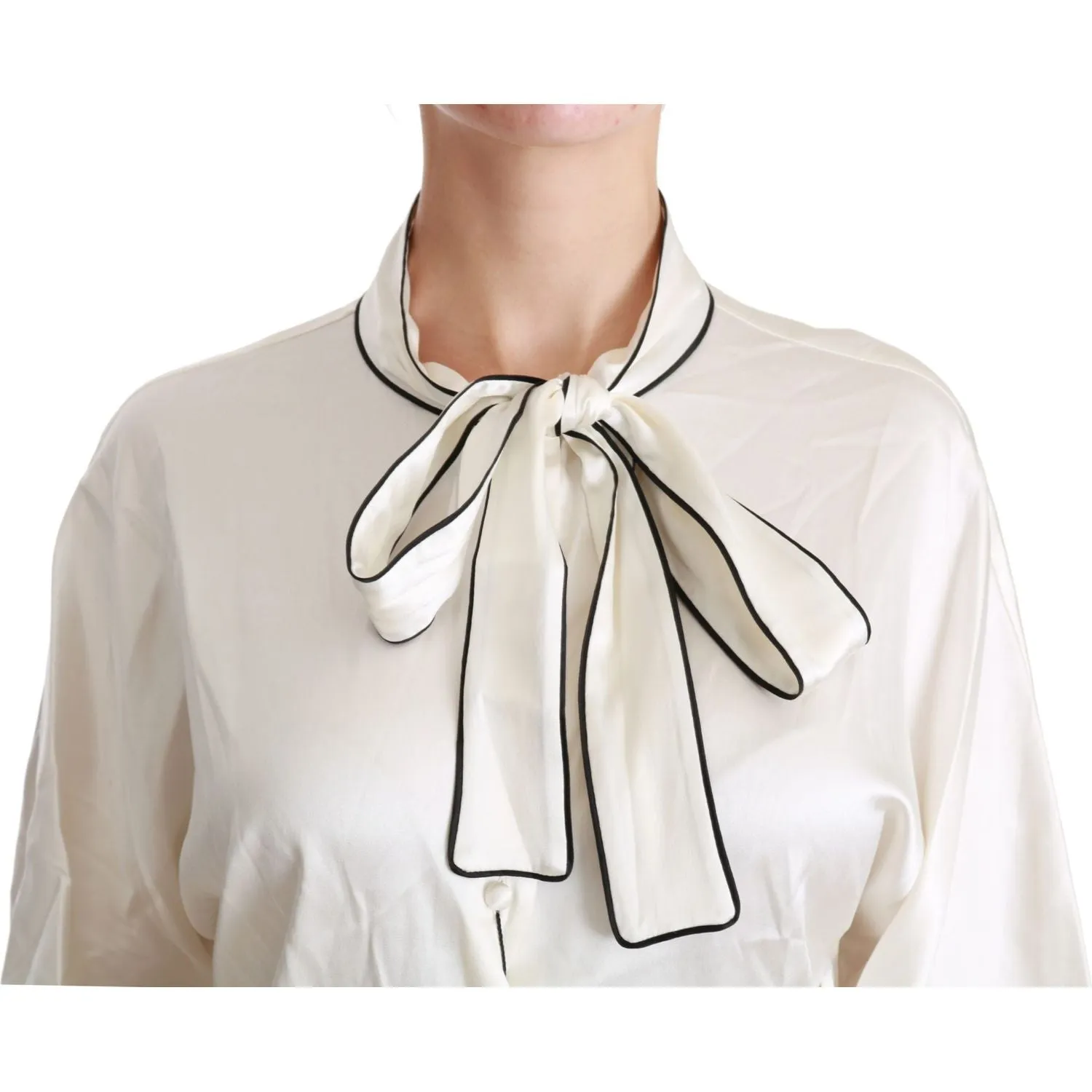 Dolce & Gabbana Elegant Beige Silk Blouse with Bow Scarf