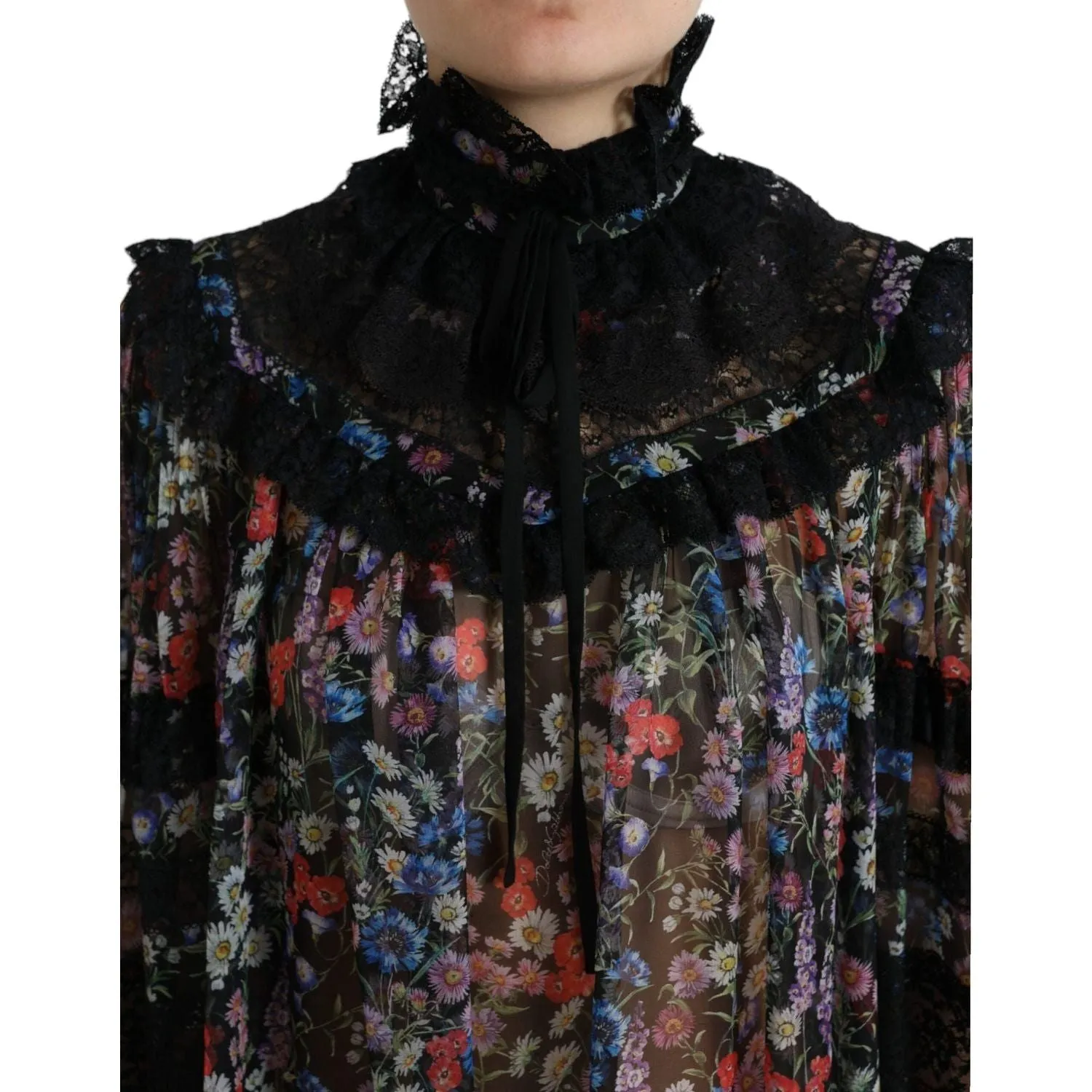 Dolce & Gabbana Elegant Floral Silk Blouse with Lace Trim