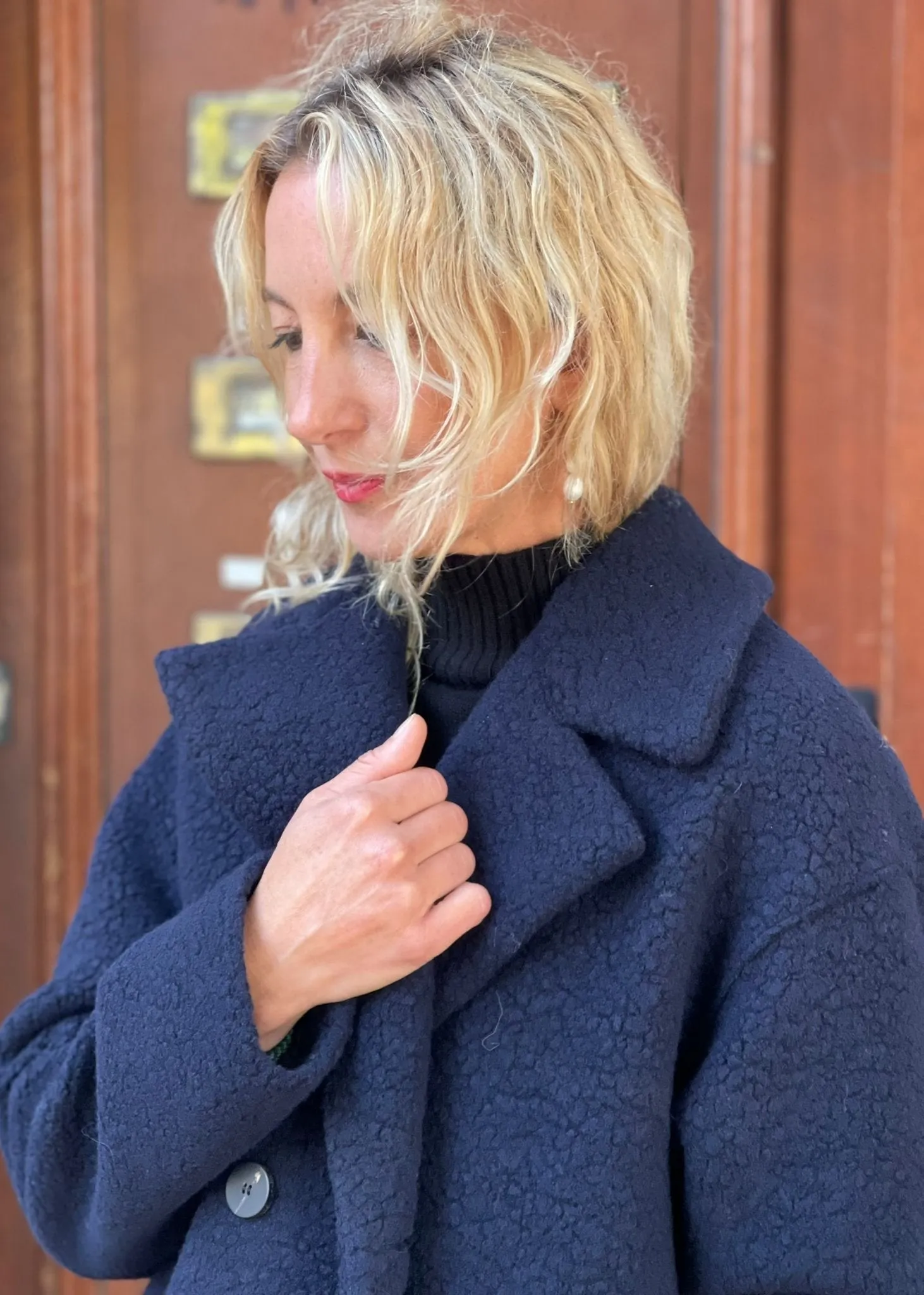 DROPPED SHOULDER COAT BOUCLE | NAVY BLUE