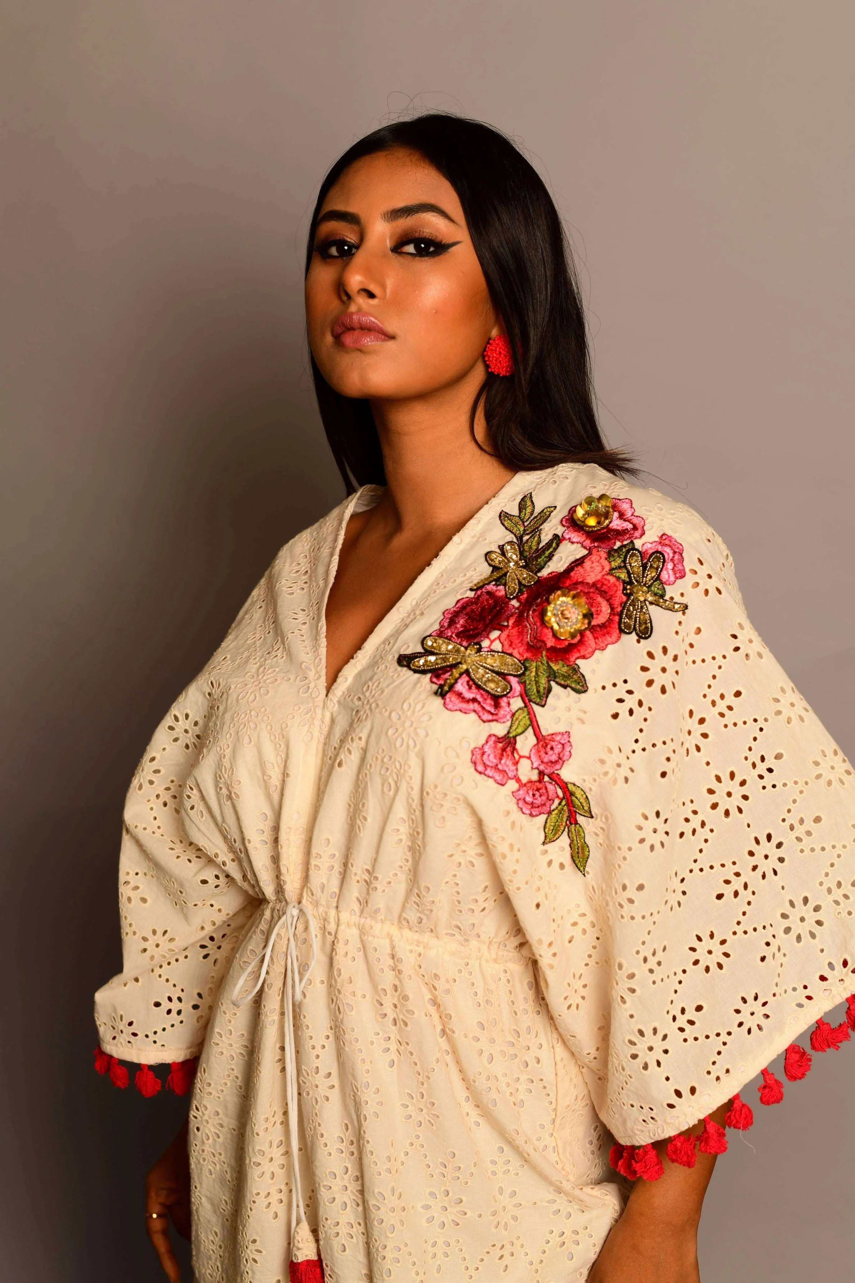 Eyelet Kaftan Maxi Dress with Floral Embroidery