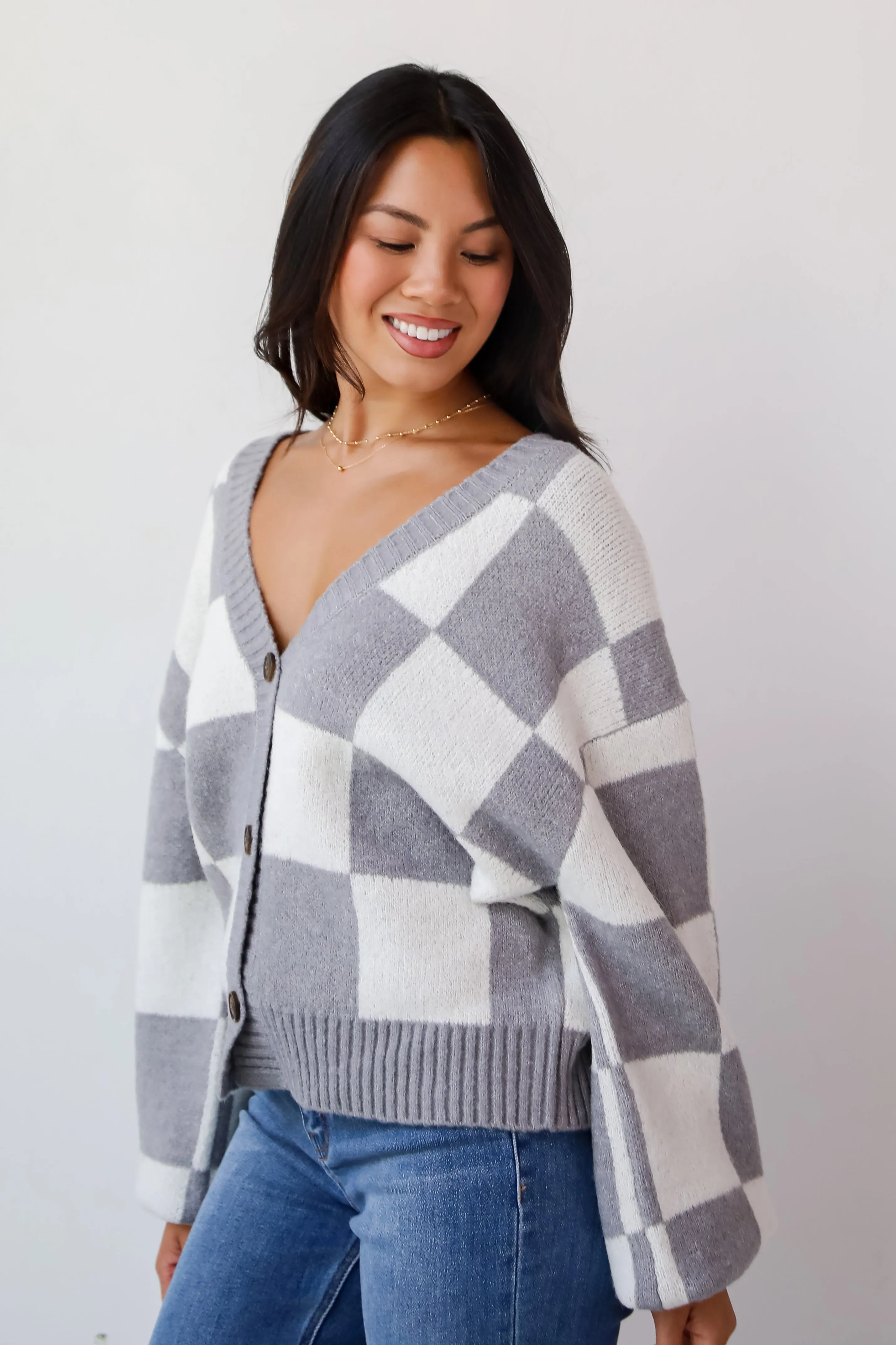 FINAL SALE - Cuddly Effect Checkered Sweater Cardigan