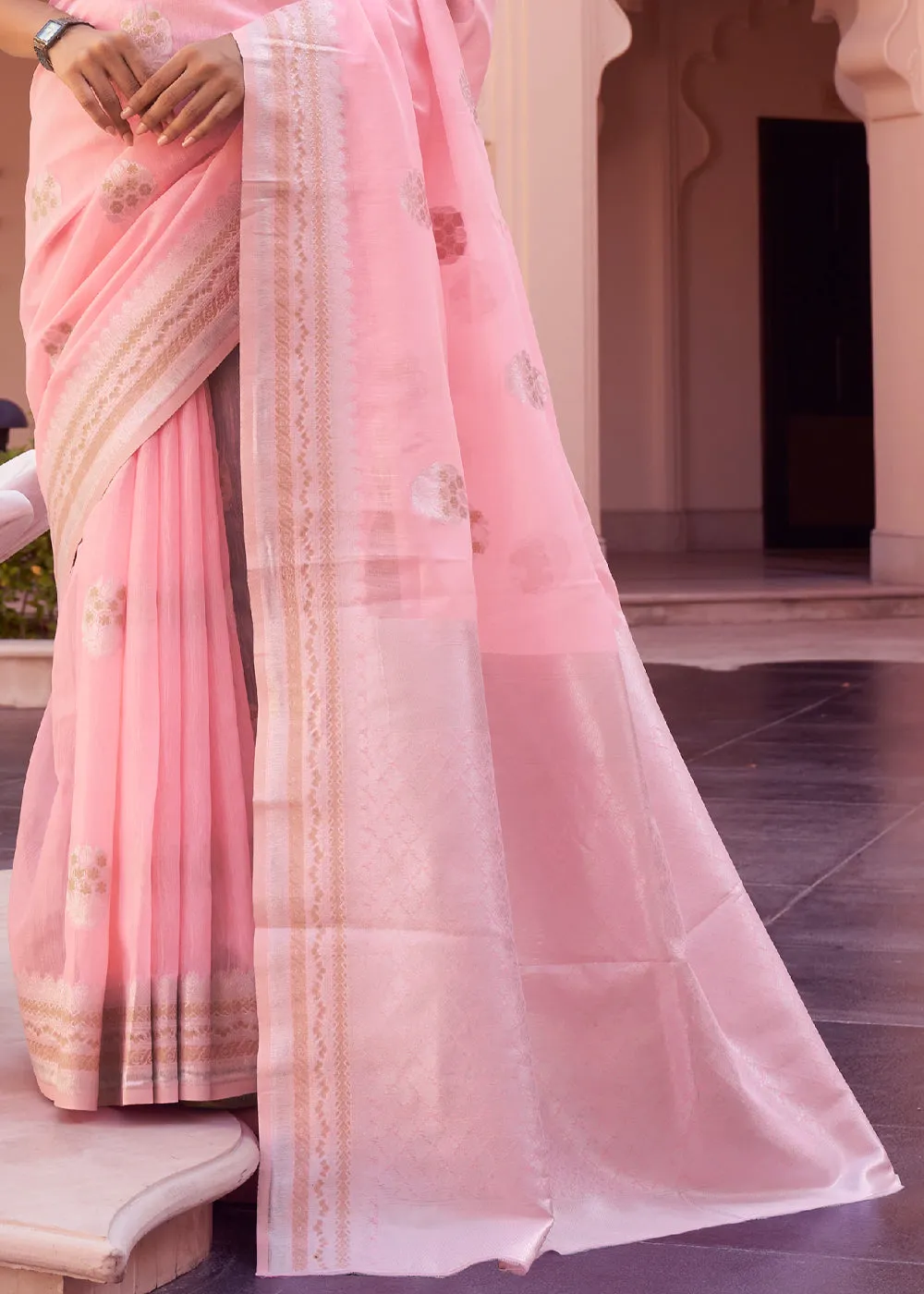 Flamingo Pink Woven Linen Silk Saree