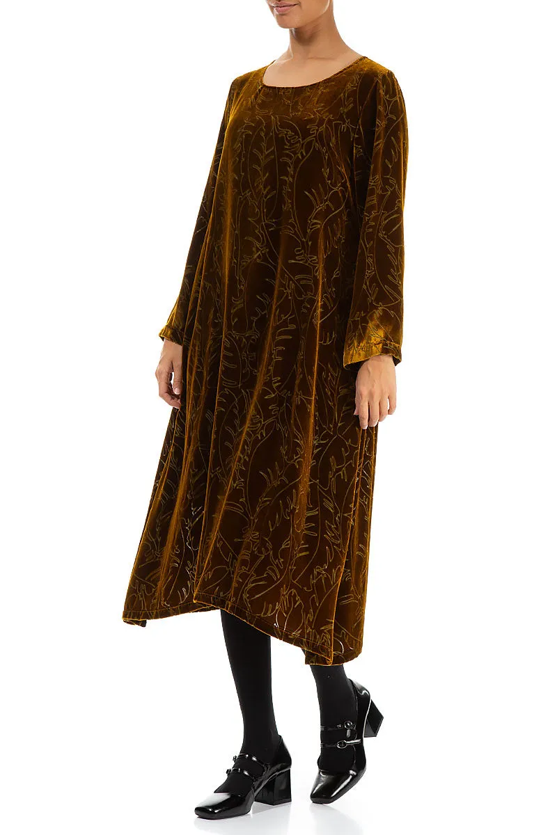 Golden Olive Devoré Feather Silk Velvet Dress