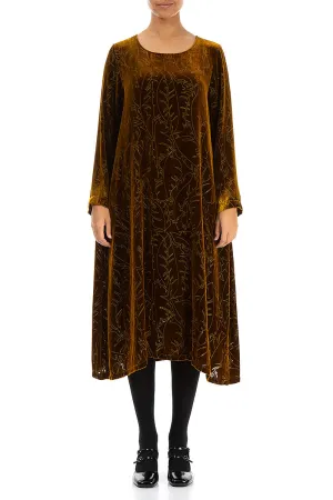 Golden Olive Devoré Feather Silk Velvet Dress