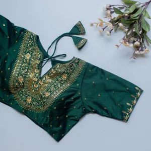 Green Olive Silk Blouse with Golden Embroidery and Sequence Accents