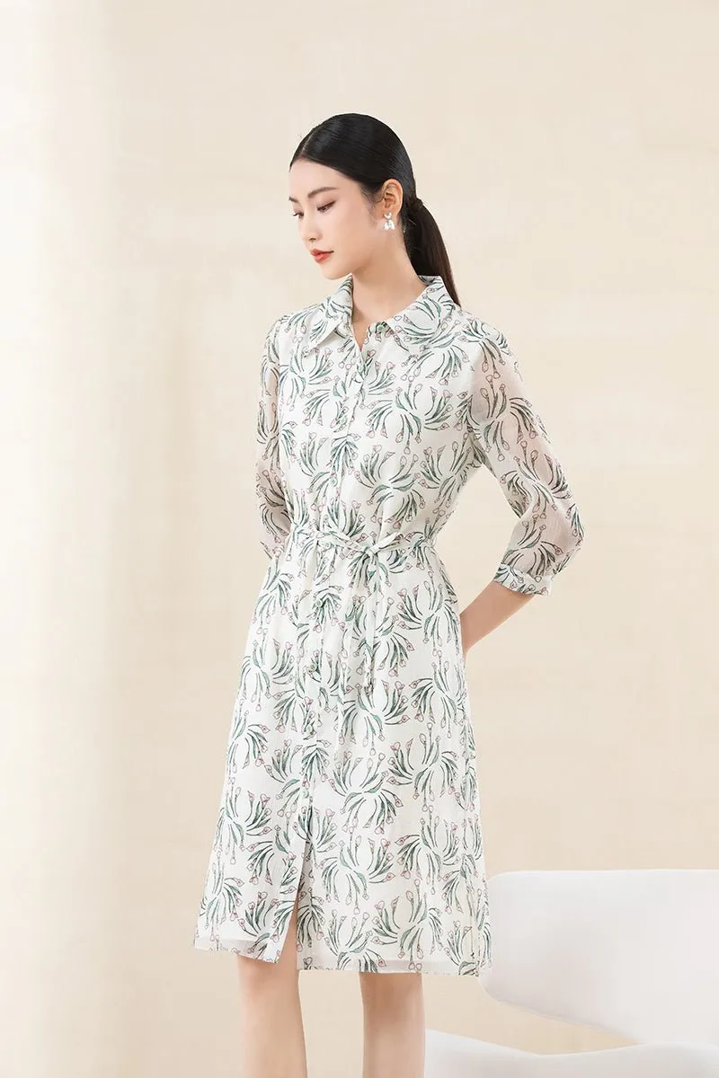 Grey Green Calla Lily Printed Midi Dresses