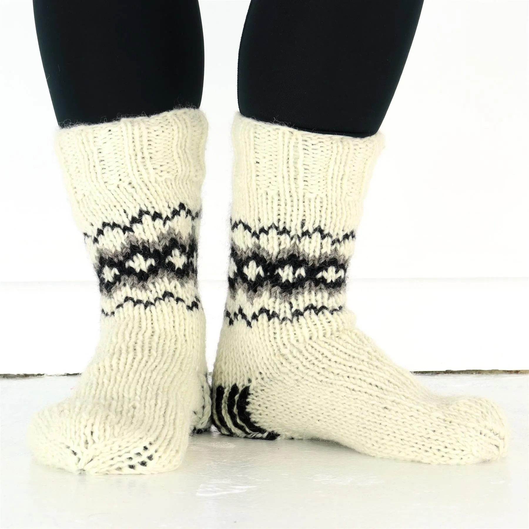 Hand Knitted Wool Slipper Socks Lined - Fairisle Cream