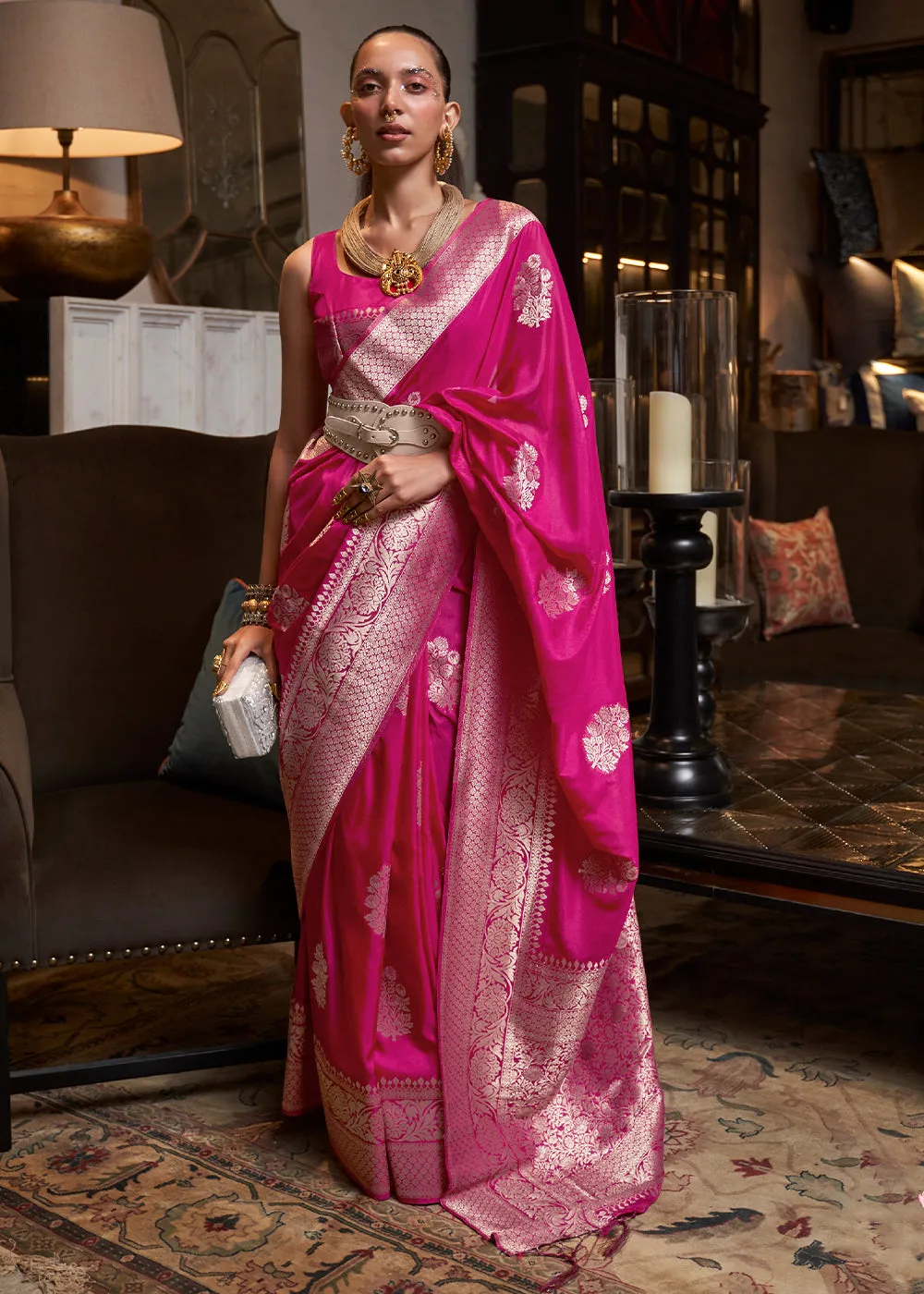 Hot Pink Woven Khaddi Georgette Silk Saree