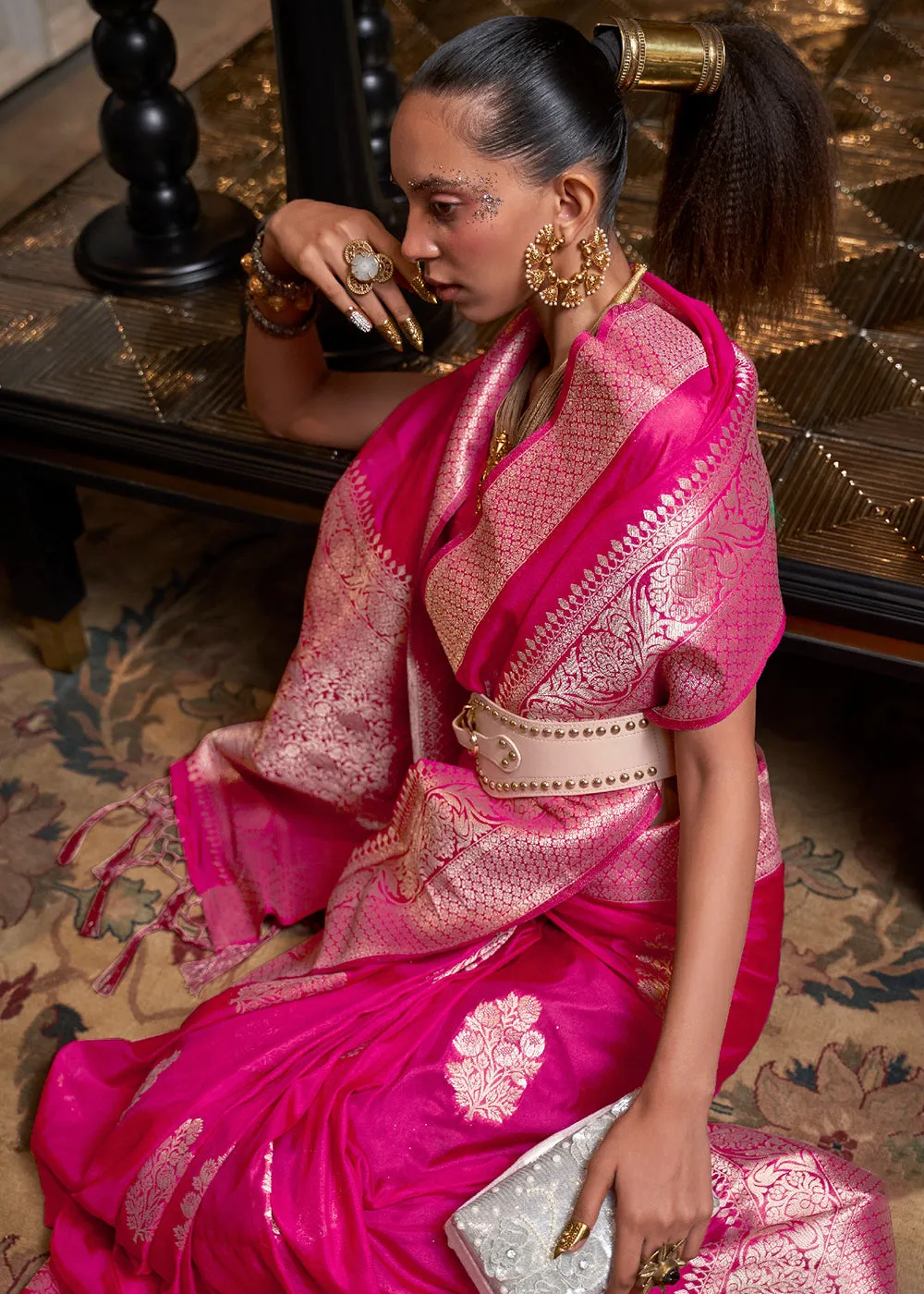 Hot Pink Woven Khaddi Georgette Silk Saree