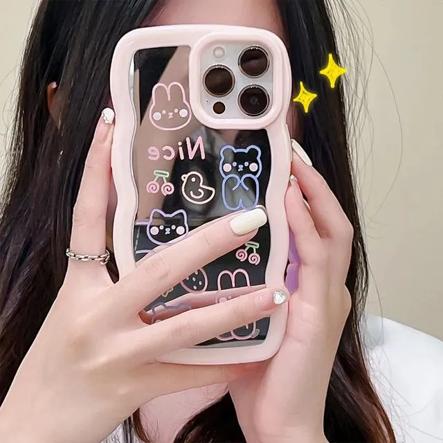 iPhone Wawy Style Mirror Case With Cute Cartoon Design ( Pink )