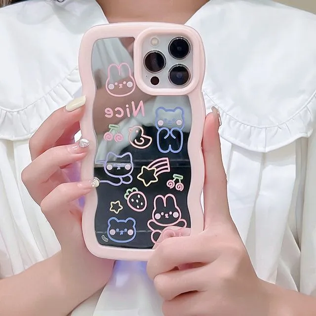 iPhone Wawy Style Mirror Case With Cute Cartoon Design ( Pink )