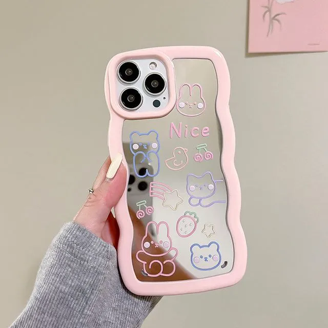 iPhone Wawy Style Mirror Case With Cute Cartoon Design ( Pink )