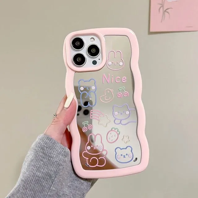 iPhone Wawy Style Mirror Case With Cute Cartoon Design ( Pink )