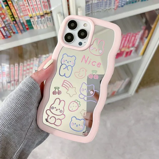 iPhone Wawy Style Mirror Case With Cute Cartoon Design ( Pink )