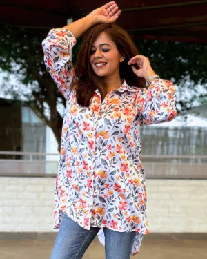 Ivory Floral Printed Satin Aline Shirt