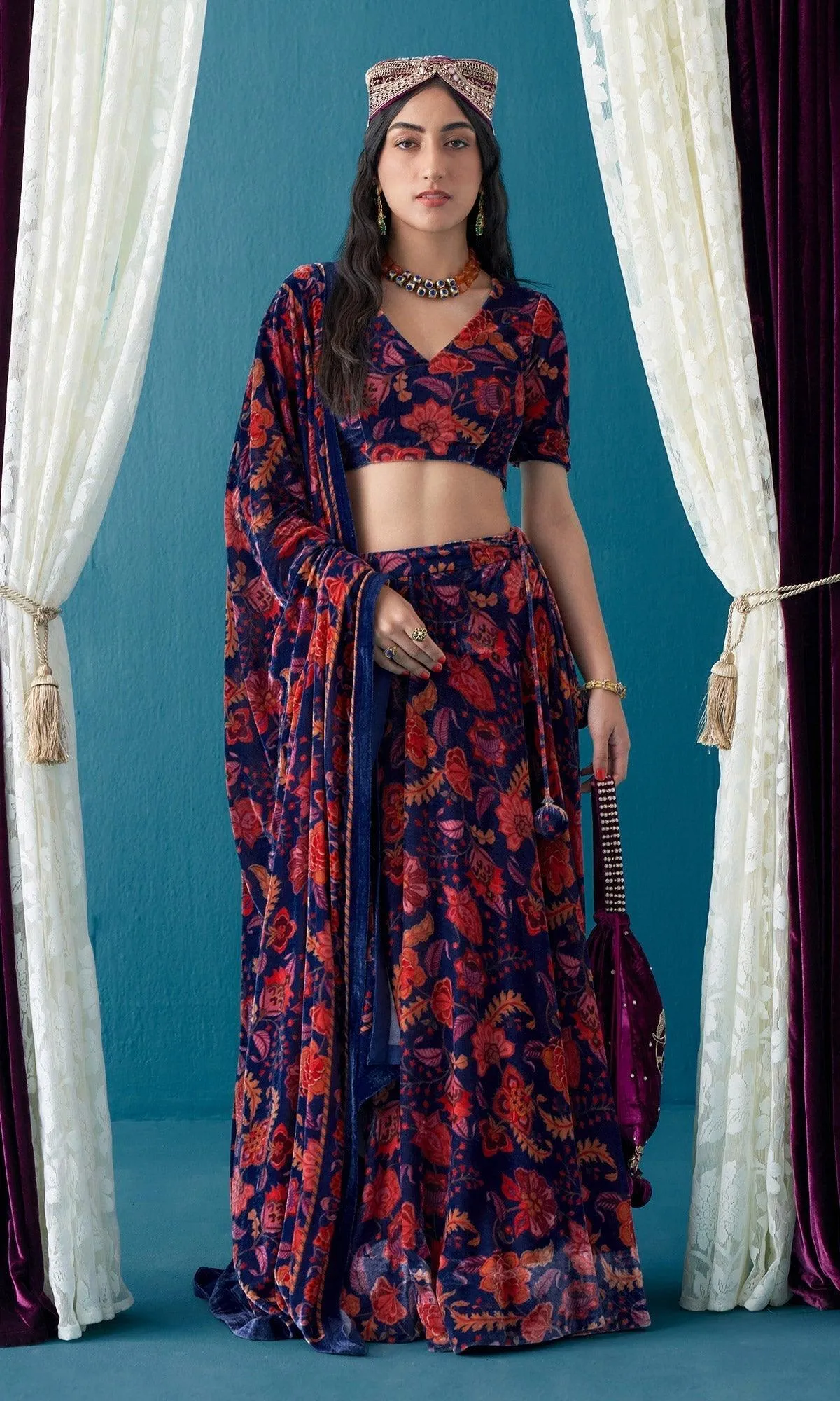 Khizaan Chintz Midnight Blue Velvet Lehenga Set With Shawl  Set Of 3